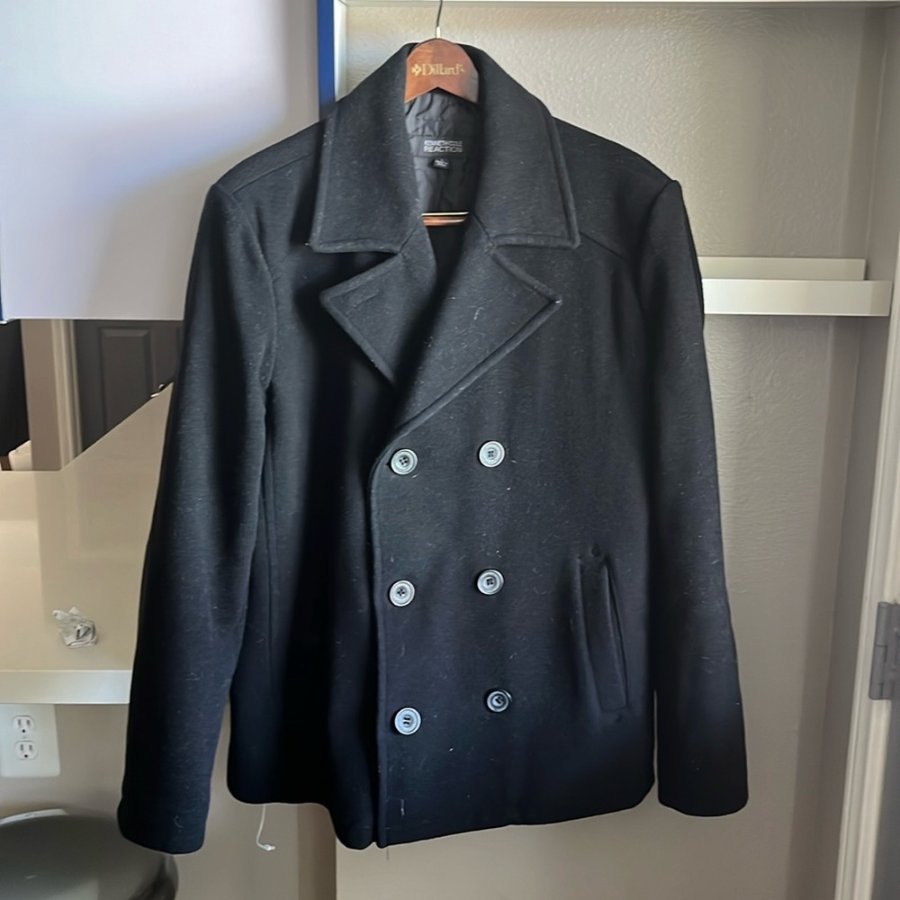 Kenneth Cole Reaction. Black peacoat, two front pockets one inside pocket, lined